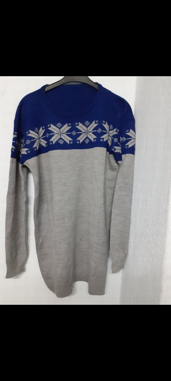 Gri Mavi Desenli Kadın Triko Kazak - Görsel 2