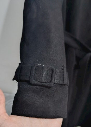 Siyah Kadın Süet Uzun Kemerli Trençkot - Görsel 5