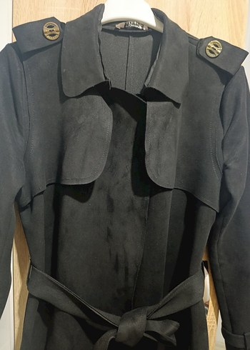 Siyah Kadın Süet Uzun Kemerli Trençkot - Görsel 11