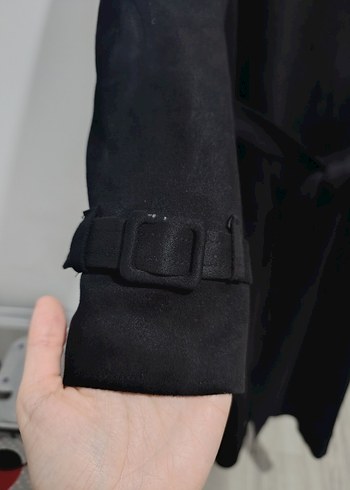 Siyah Kadın Süet Uzun Kemerli Trençkot - Görsel 13