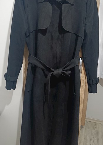 Siyah Kadın Süet Uzun Kemerli Trençkot - Görsel 4