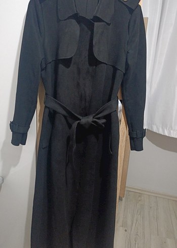 Siyah Kadın Süet Uzun Kemerli Trençkot - Görsel 6