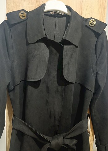 Siyah Kadın Süet Uzun Kemerli Trençkot - Görsel 12