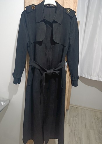 Siyah Kadın Süet Uzun Kemerli Trençkot - Görsel 14