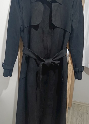 Siyah Kadın Süet Uzun Kemerli Trençkot - Görsel 3