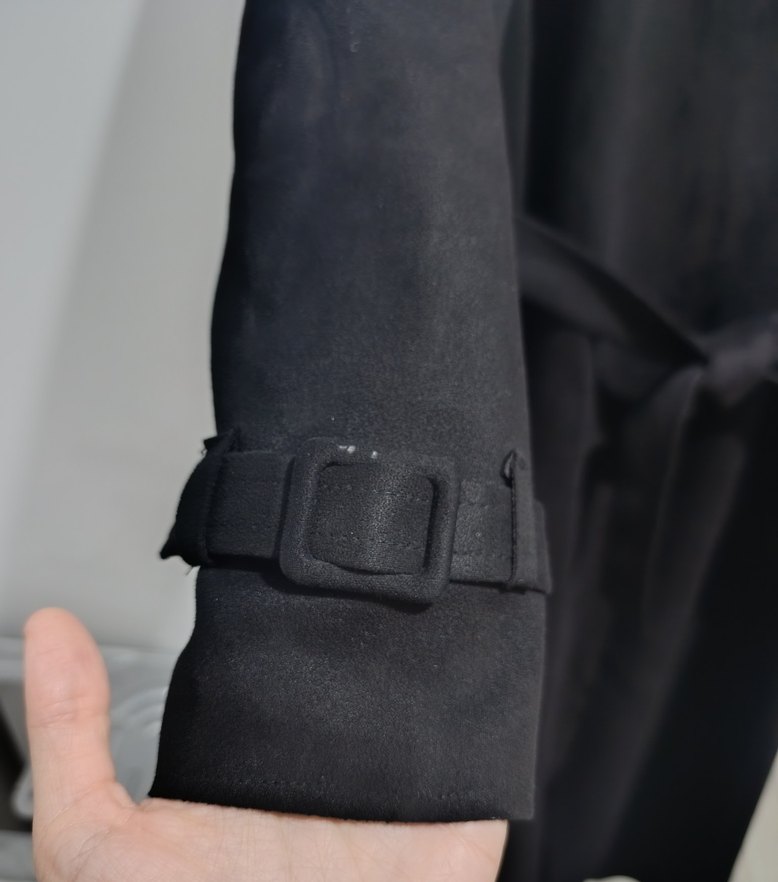 Siyah Kadın Süet Uzun Kemerli Trençkot - Görsel 5