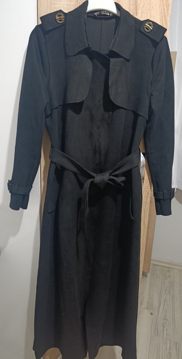 Siyah Kadın Süet Uzun Kemerli Trençkot - Görsel 4