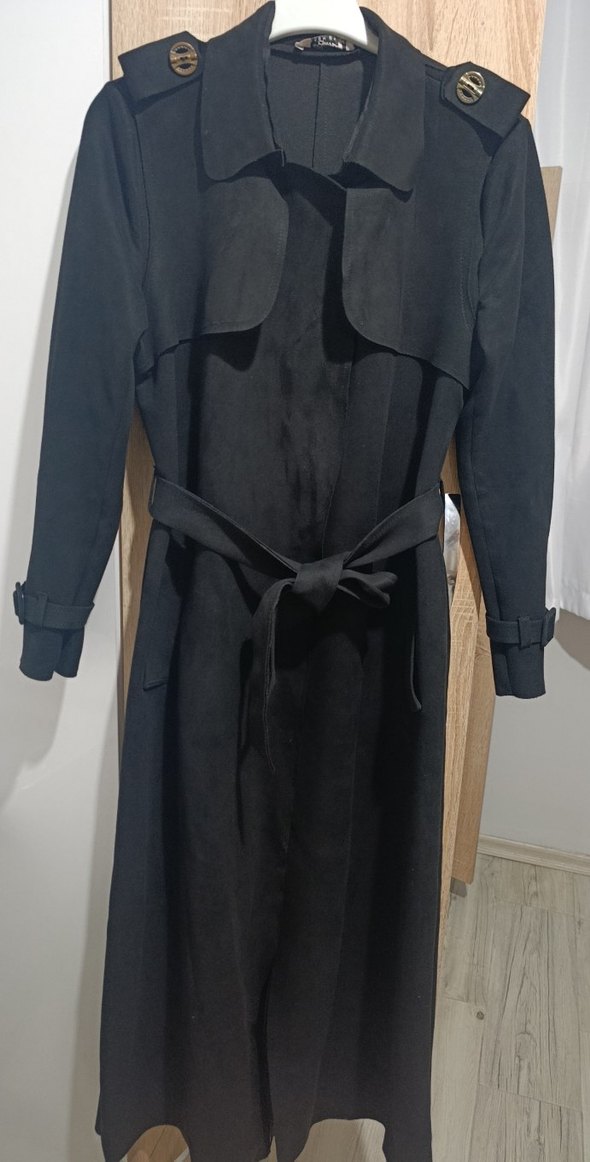 Siyah Kadın Süet Uzun Kemerli Trençkot - Görsel 3