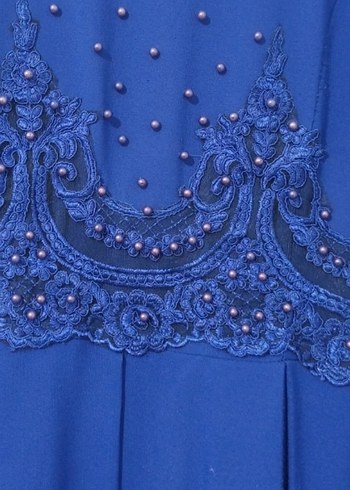 Boncuk İşlemeli saxs Mavi Uzun Abiye Elbise - Görsel 3