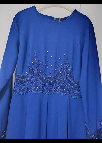 Boncuk İşlemeli saxs Mavi Uzun Abiye Elbise - Görsel 8