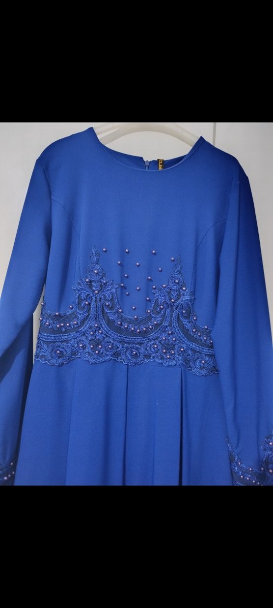 Boncuk İşlemeli saxs Mavi Uzun Abiye Elbise - Görsel 4