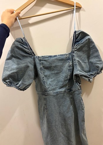 Gri Denim Midi Elbise Balon Kollu - Görsel 2