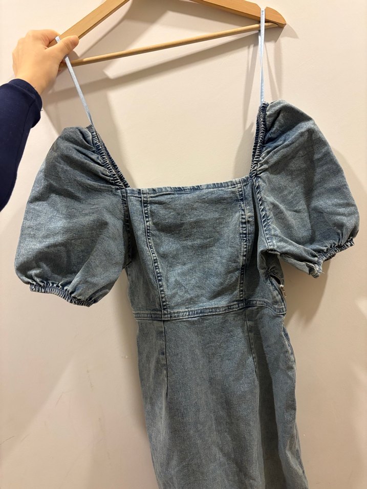Gri Denim Midi Elbise Balon Kollu - Görsel 2