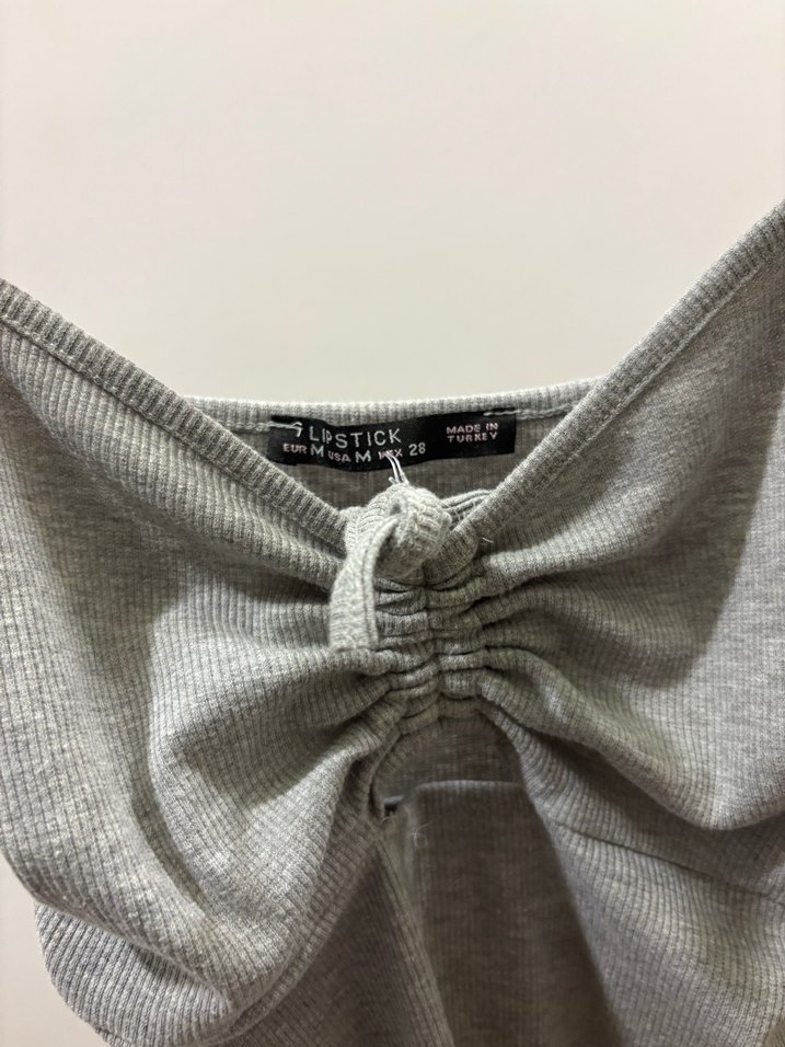 Gri Drapeli Keten Midi Elbise - Görsel 3