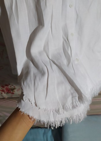 Düğmeli Beyaz Keten Kadın Gömlek - Görsel 2