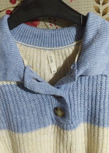 Düğmeli, Çizgili, Mavi Kadın Triko Kazak - Görsel 3