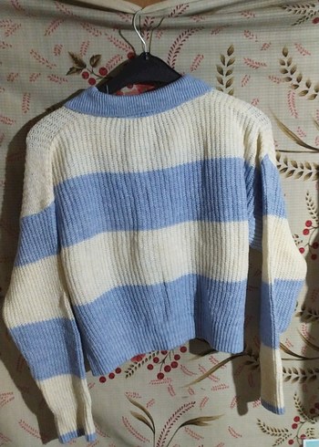 Düğmeli, Çizgili, Mavi Kadın Triko Kazak - Görsel 4