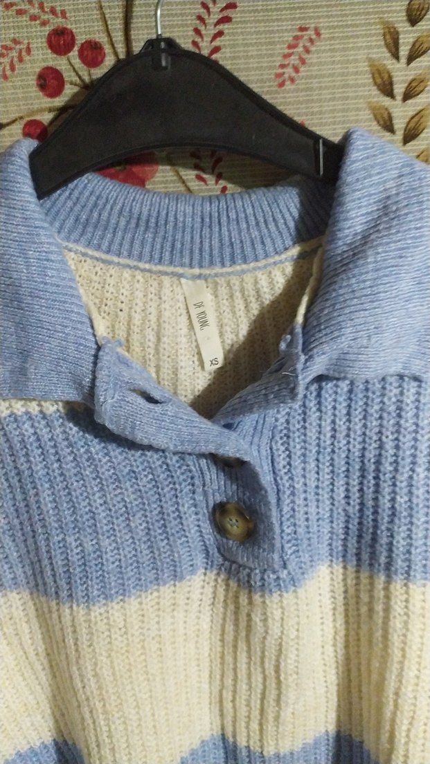 Düğmeli, Çizgili, Mavi Kadın Triko Kazak - Görsel 3