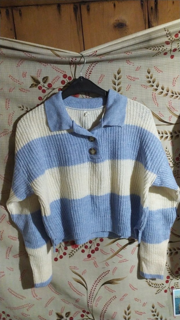 Düğmeli, Çizgili, Mavi Kadın Triko Kazak - Görsel 2