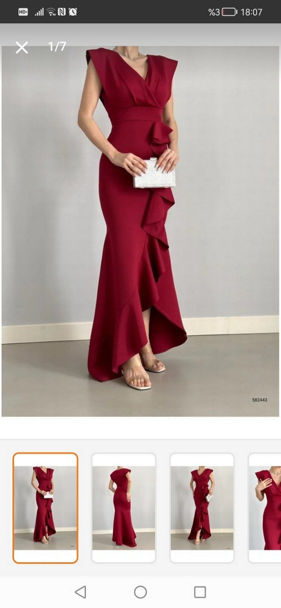 Bordo Drapeli V Yaka Uzun Abiye Elbise - Görsel 2