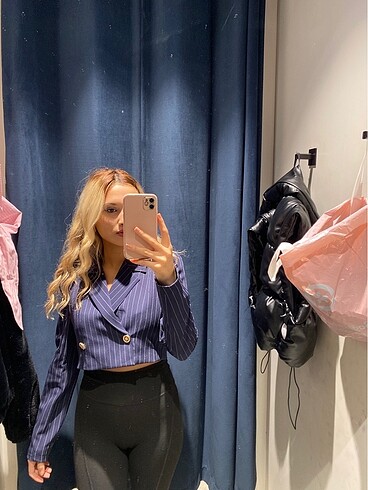 Lacivert çizgili crop blazer