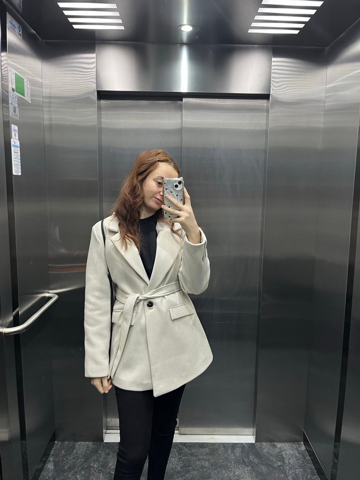 Düğmeli Bej Uzun Kadın Kaban - Görsel 5