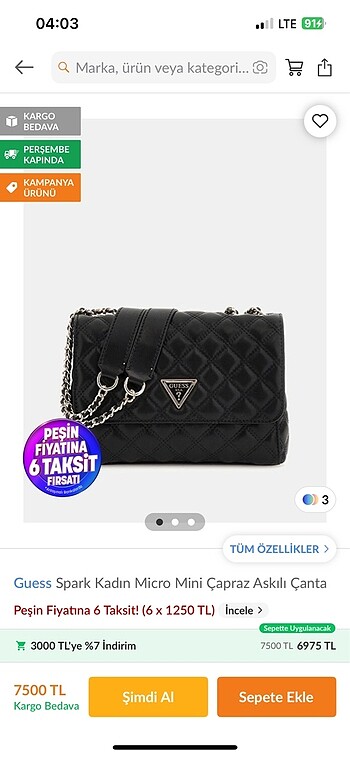 Beden siyah Renk Guess orijinal çanta