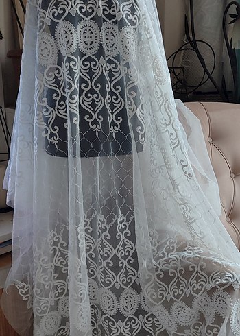 Beyaz İşlemeli Bohem Beyaz Tül Perde Kumaş - Görsel 2