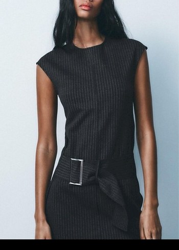 zara gri çizgili kemer detay mini elbise - Görsel 3