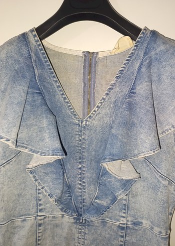 Kadın Mavi Denim Fırfırlı Midi Elbise - Görsel 3