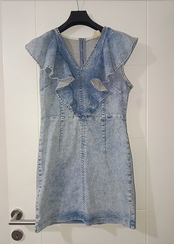 Kadın Mavi Denim Fırfırlı Midi Elbise - Görsel 2