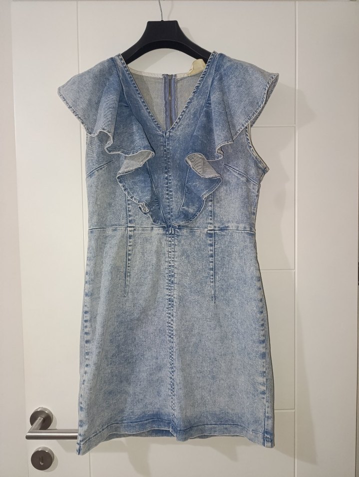 Kadın Mavi Denim Fırfırlı Midi Elbise - Görsel 2