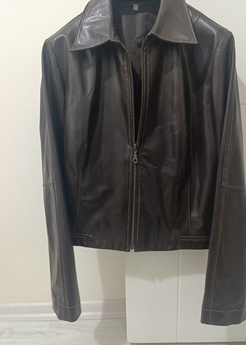 Kahverengi Deri Kadın Biker Ceket - Görsel 3