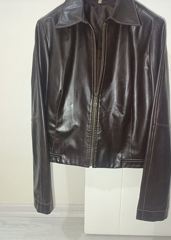 Kahverengi Deri Kadın Biker Ceket - Görsel 2