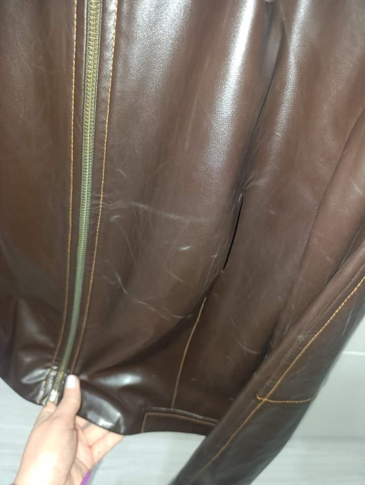 Kahverengi Deri Kadın Biker Ceket - Görsel 5