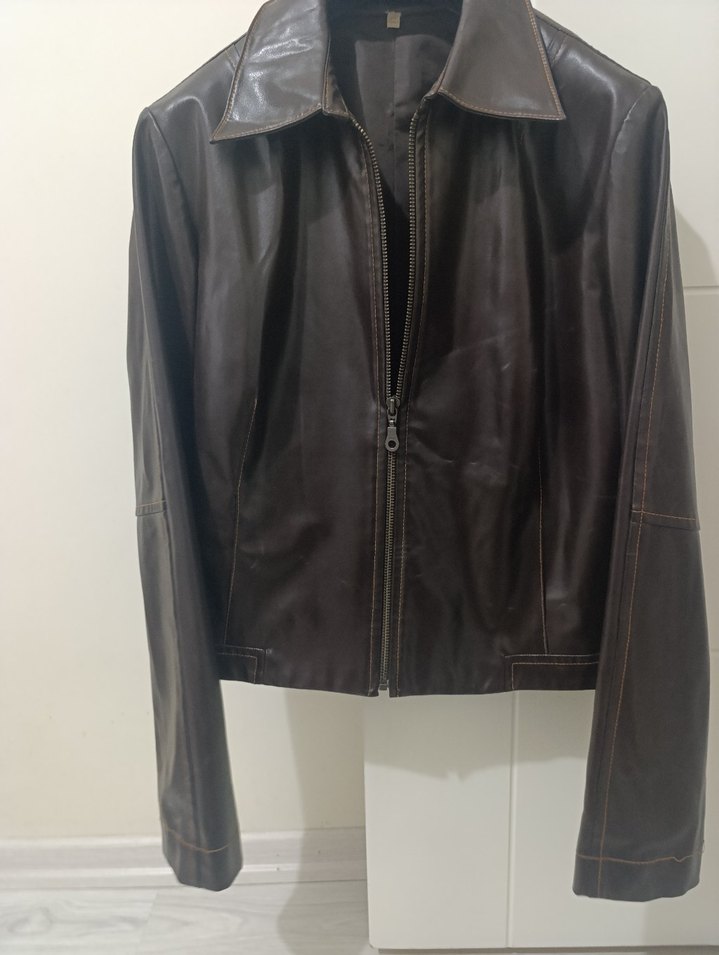 Kahverengi Deri Kadın Biker Ceket - Görsel 3