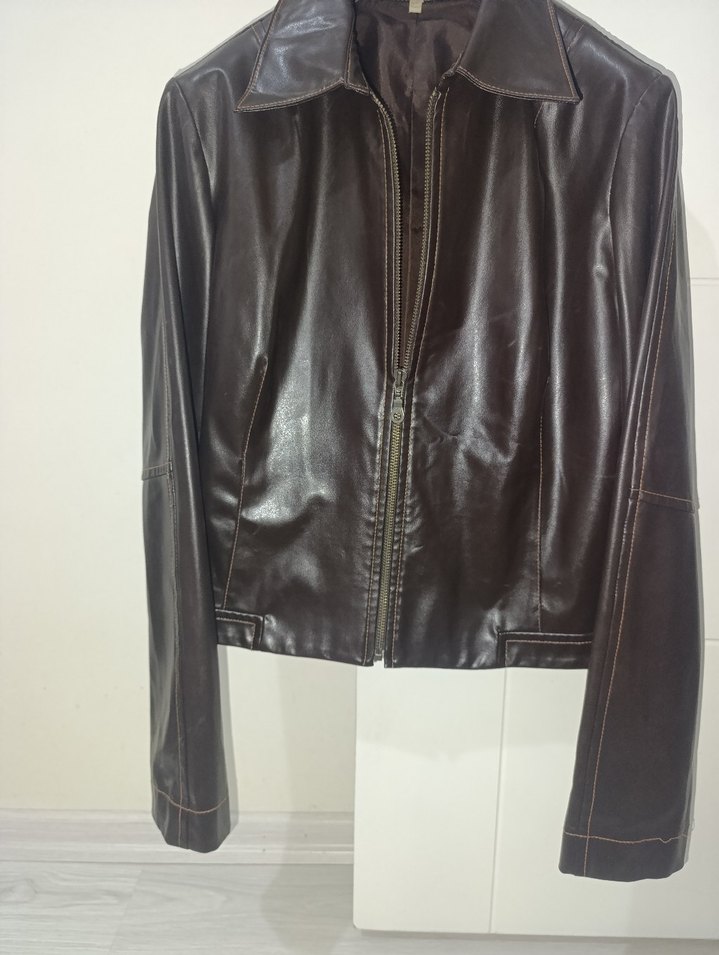 Kahverengi Deri Kadın Biker Ceket - Görsel 2