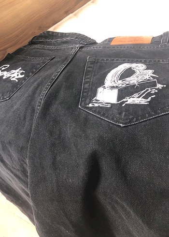 Siyah Baskılı Rock Punk Tarzı Unisex Kot Pantolon