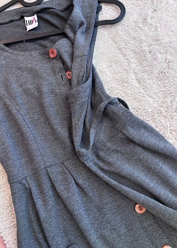 Düğmeli Gri Midi Triko Elbise - Görsel 4