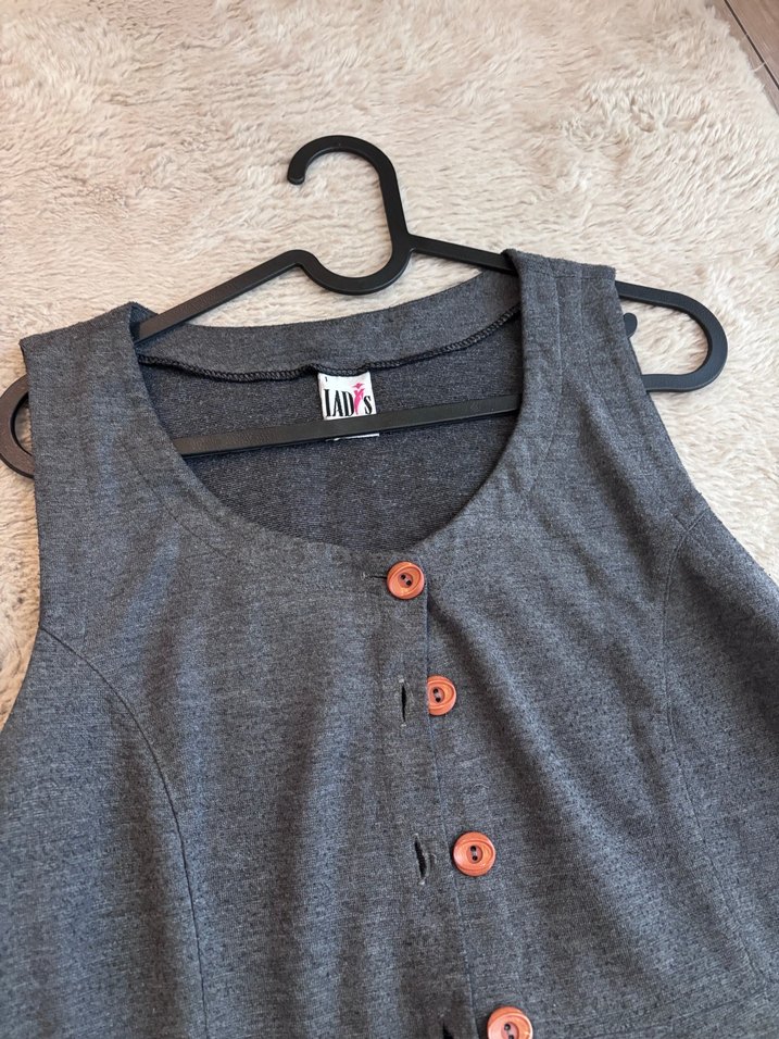 Düğmeli Gri Midi Triko Elbise - Görsel 3