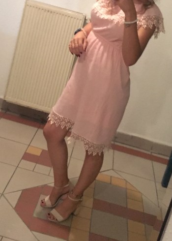 Dantel Detaylı Pembe Midi Straplez Elbise - Görsel 2