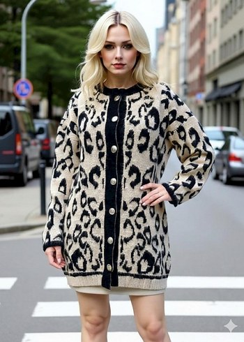 Leopar Desenli Gri Kürklü Kadın Hırka - Görsel 3