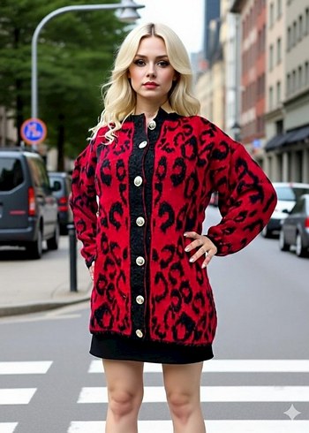 Leopar Desenli Gri Kürklü Kadın Hırka - Görsel 2