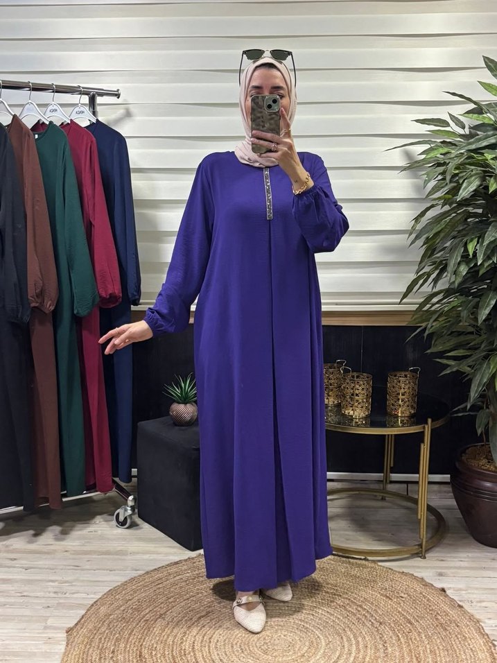 Bordo Nakışlı Uzun Salaş Kadın Elbise - Görsel 2