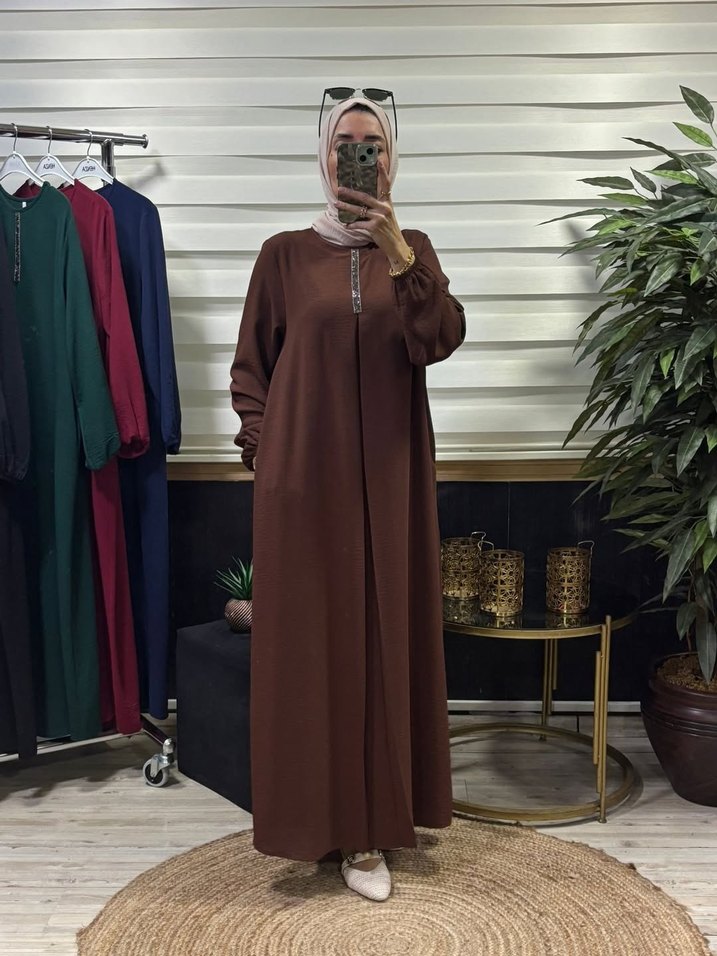 Mor İşlemeli Uzun Salaş Elbise - Görsel 2