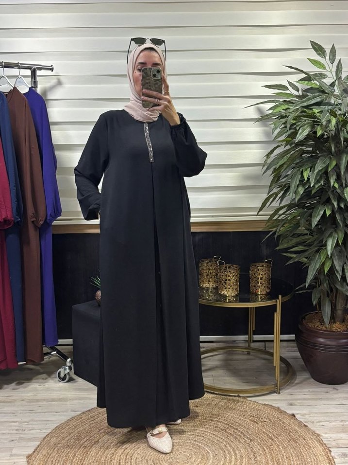 Mor İşlemeli Uzun Salaş Elbise - Görsel 4