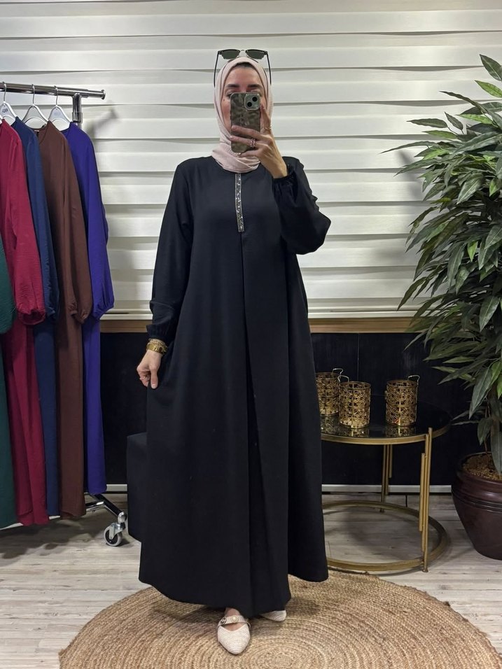 Nakışlı Yeşil Uzun Salaş Kadın Elbise - Görsel 3