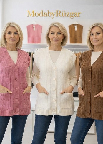 Gri V Yaka Örgü Kadın Yelek - Görsel 3