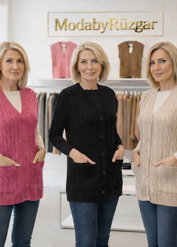 Gri V Yaka Örgü Kadın Yelek - Görsel 2