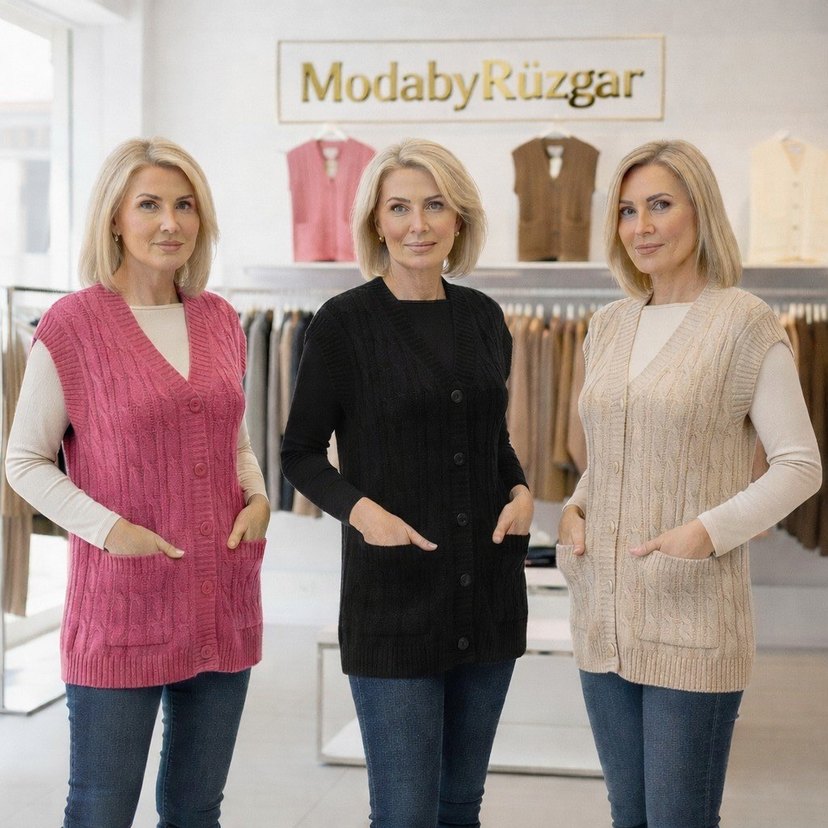 Gri V Yaka Örgü Kadın Yelek - Görsel 2